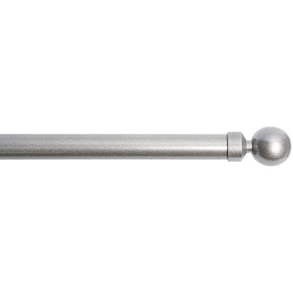 Silver curtain rod with spherical finial for window decor.