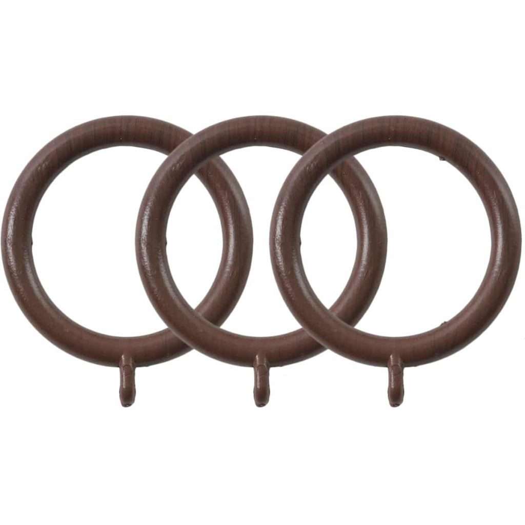 Set of four brown 34mm designer curtain rings for window treatments.