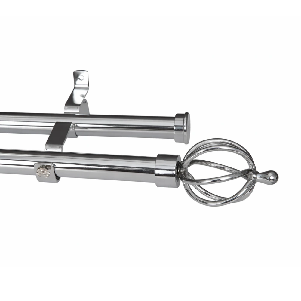 Chrome double curtain pole with basket finials and mounting brackets.