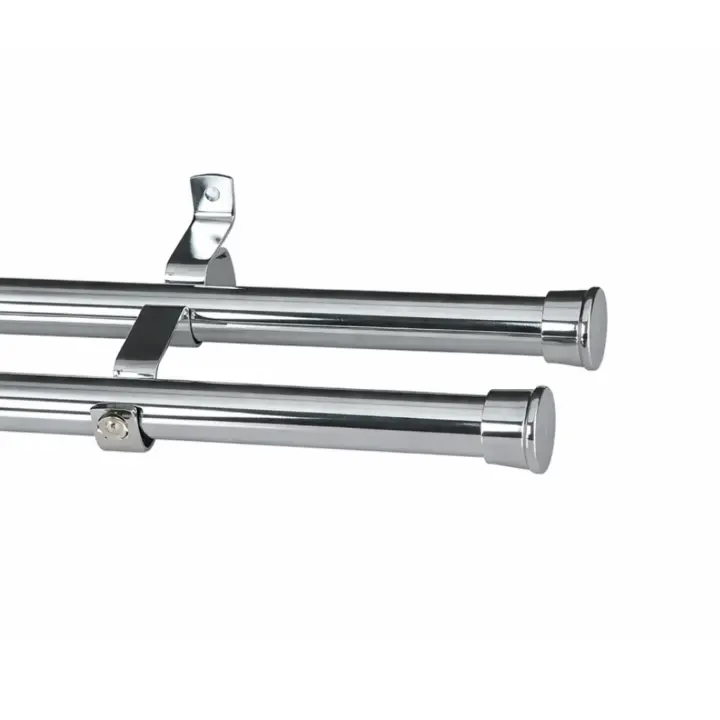 Chrome double pole curtain track with end caps and mounting bracket.