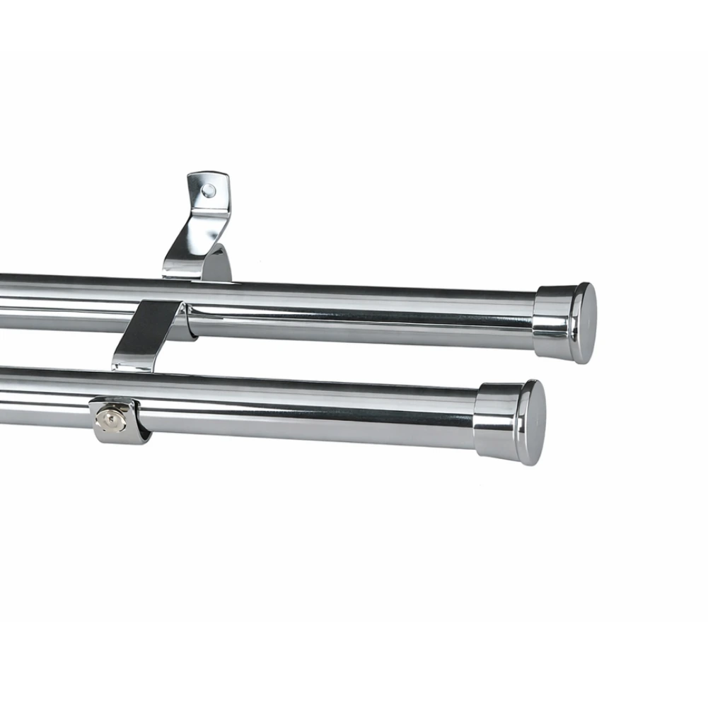 Chrome double pole curtain track with end caps and mounting bracket.