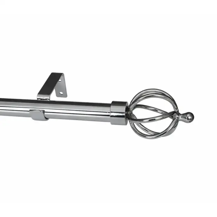Chrome curtain pole set with basket finials for elegant window decor.