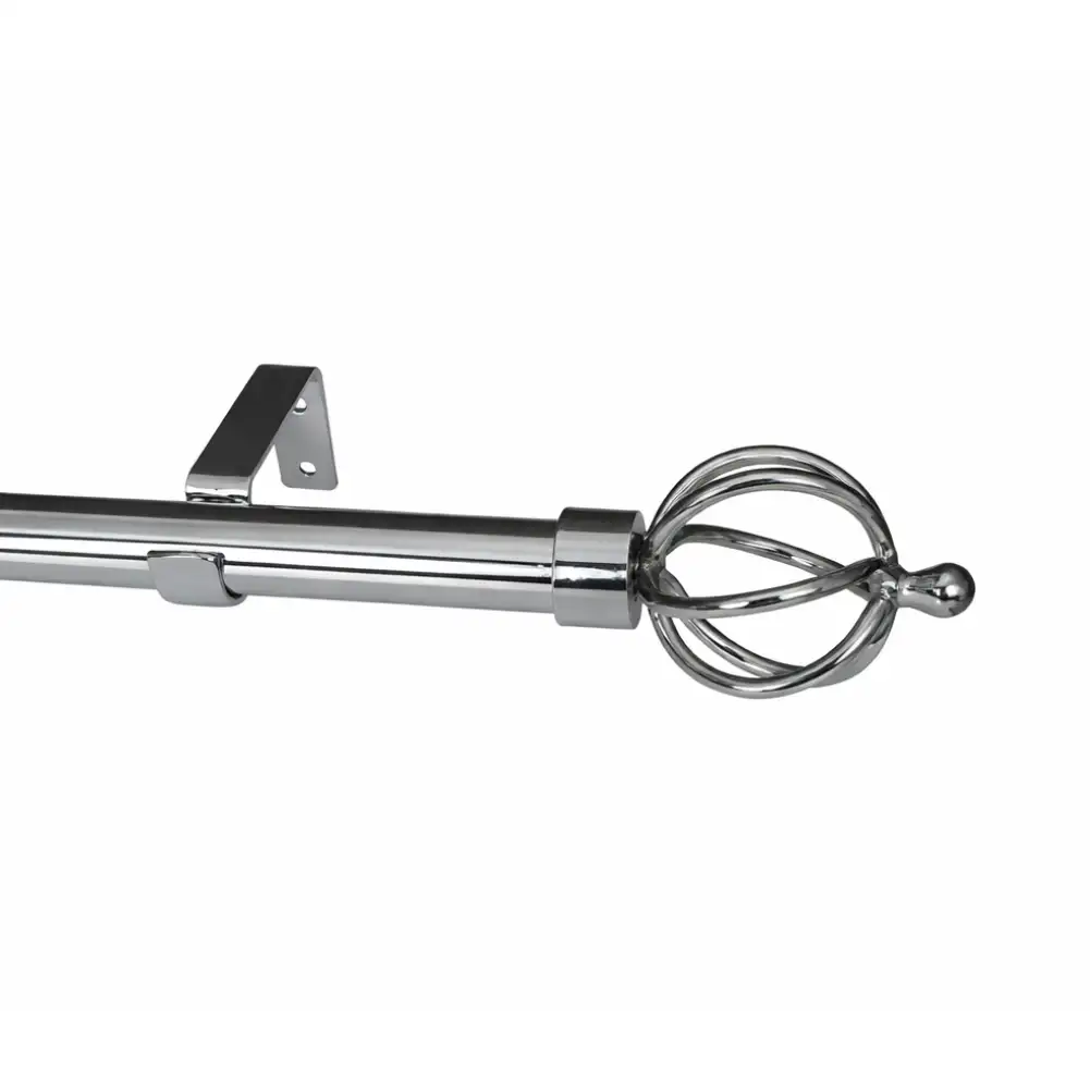 Chrome curtain pole set with basket finials for elegant window decor.