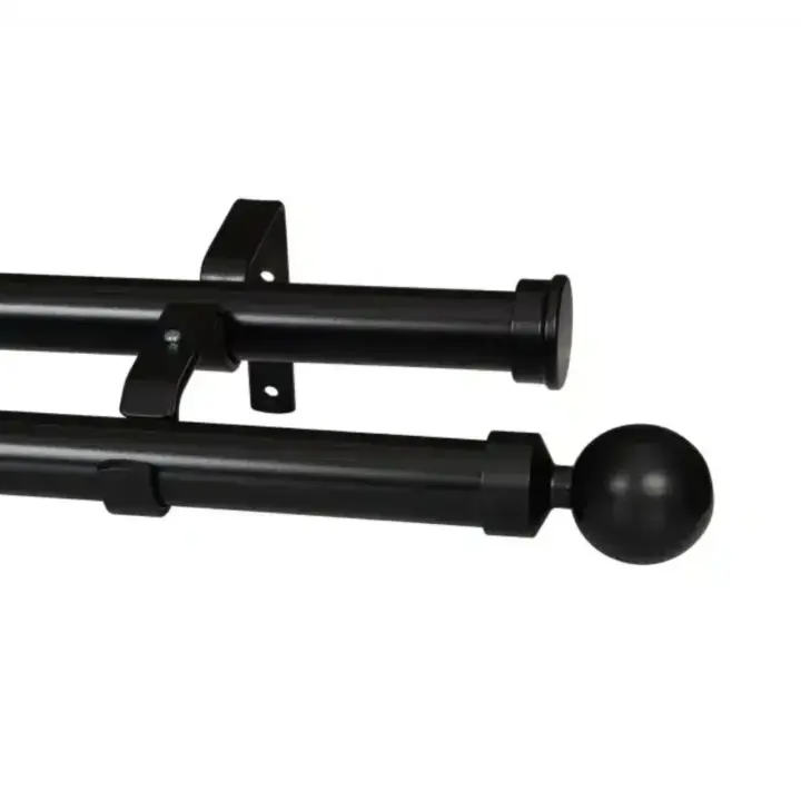 Black 32mm curtain pole with ball finial and double set for window decor.