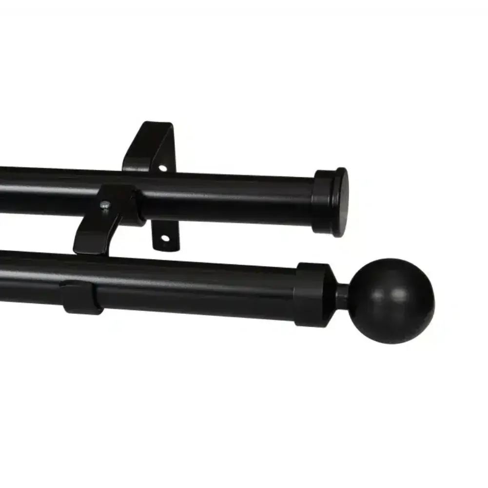 Black 32mm curtain pole with ball finial and double set for window decor.