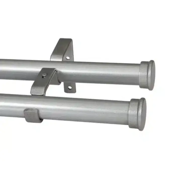 Silver double curtain pole set with end caps and wall brackets.