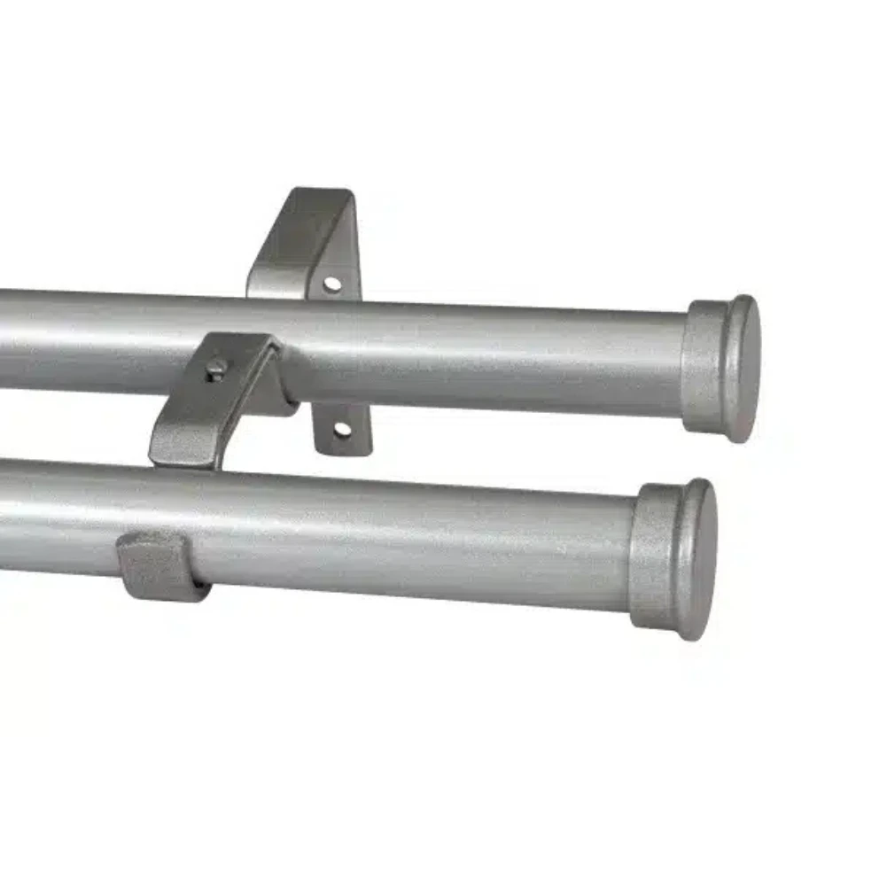 Silver double curtain pole set with end caps and wall brackets.