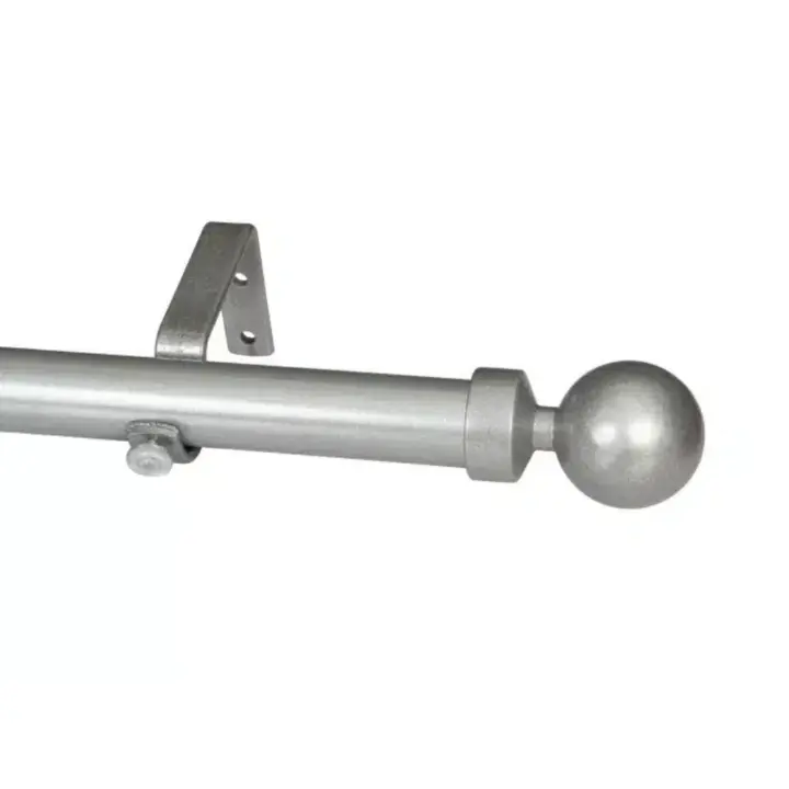 Silver 32mm curtain pole with ball finial and wall mount bracket.