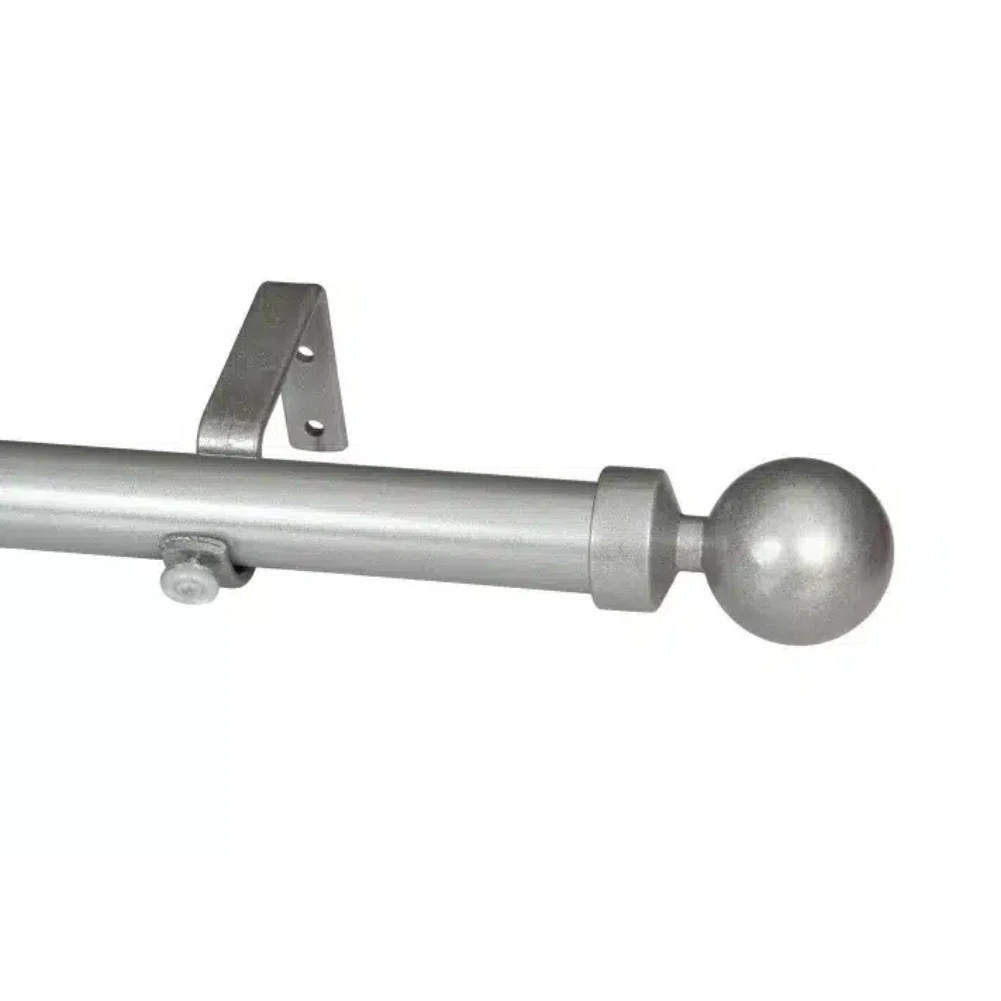 Silver 32mm curtain pole with ball finial and wall mount bracket.