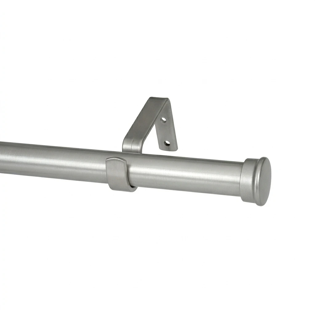 Silver 32mm curtain pole with end cap and wall mount bracket.