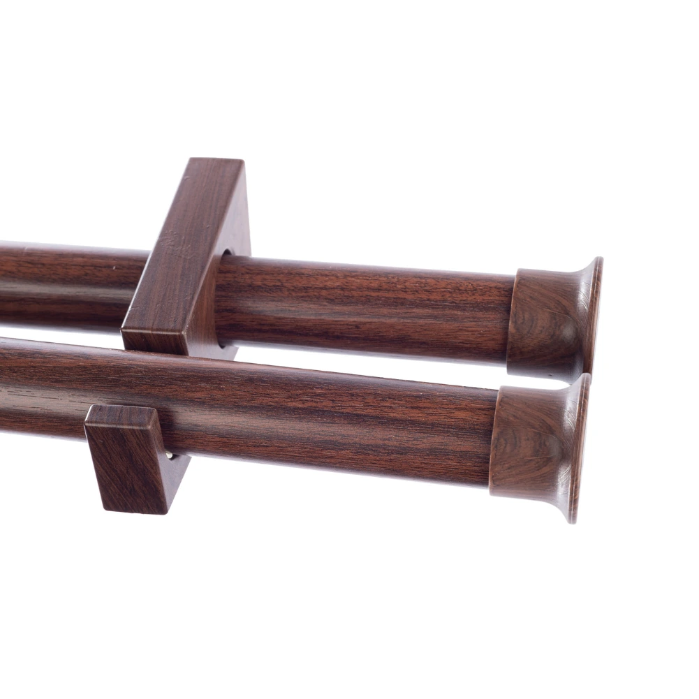 Elegant wooden double curtain pole set with end caps in auburn finish.