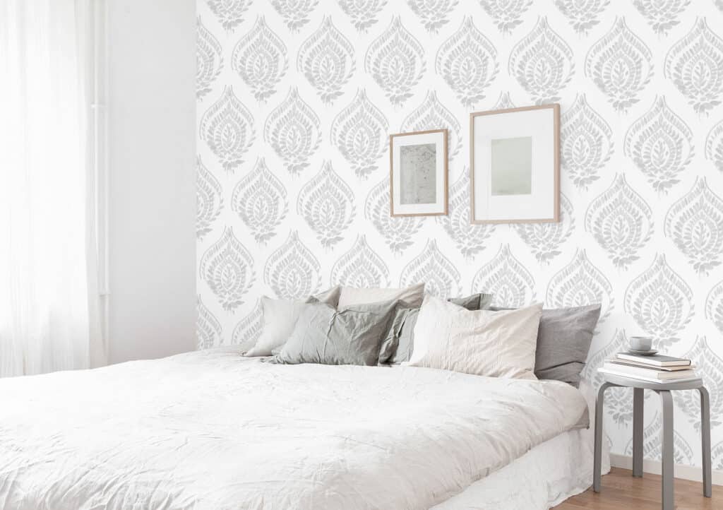 Elegant bedroom with Ceci Medallion wallpaper in Umber and neutral decor.
