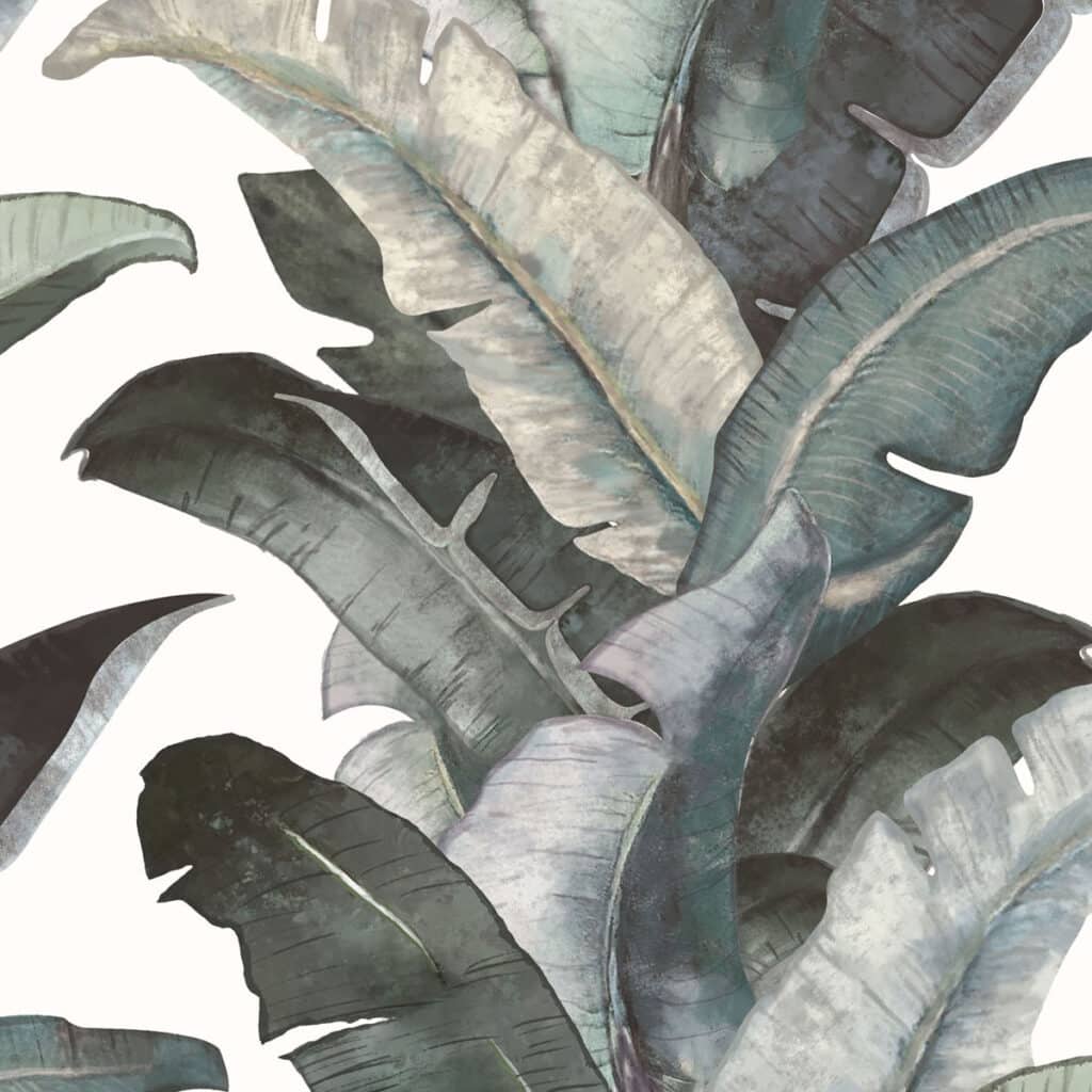 Close-up of lush moss green tropical plant leaves.