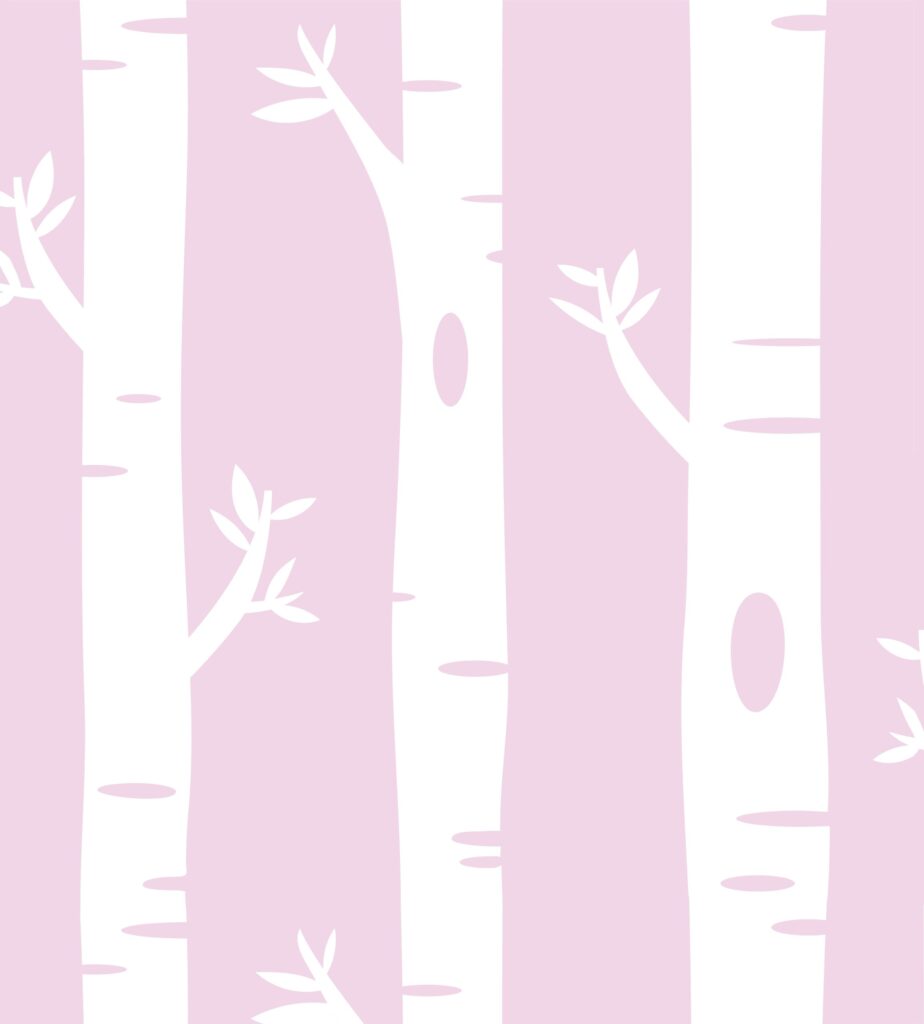 Pink and white birch tree wallpaper for kids' room decor.