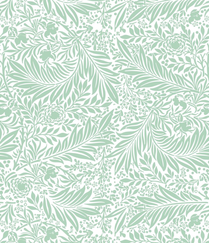 Morris Duck Egg Green wallpaper with botanical leaf pattern.