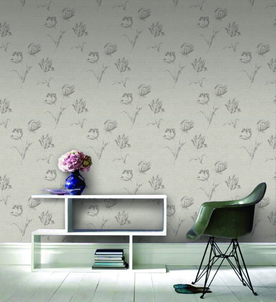 Elegant interior with tulip linen wallpaper, modern green chair, and white console table.