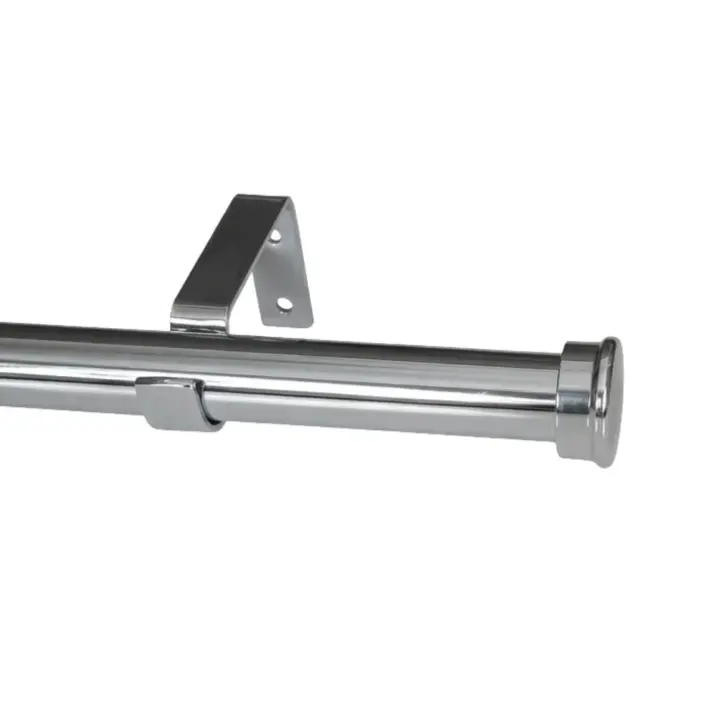 Chrome 28mm single curtain pole with end caps and wall mount bracket.