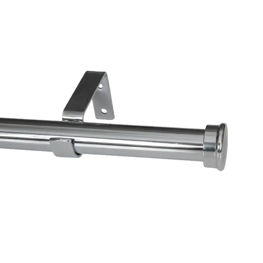 Chrome 28mm single curtain pole with end caps and wall mount bracket.