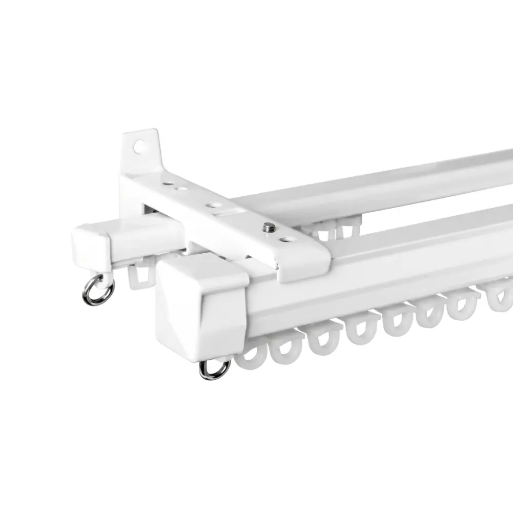 White aluminium racer track for double curtains with mounting hardware.
