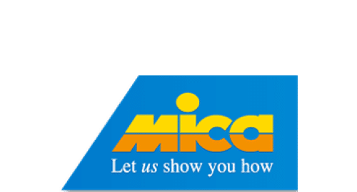 Mica store logo with blue background and yellow and orange text.