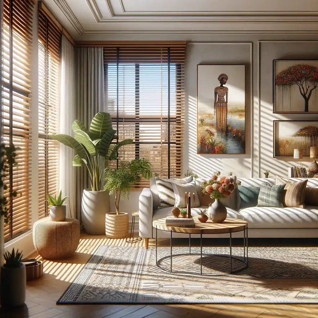 Modern living room with wooden blinds, plants, and artwork.