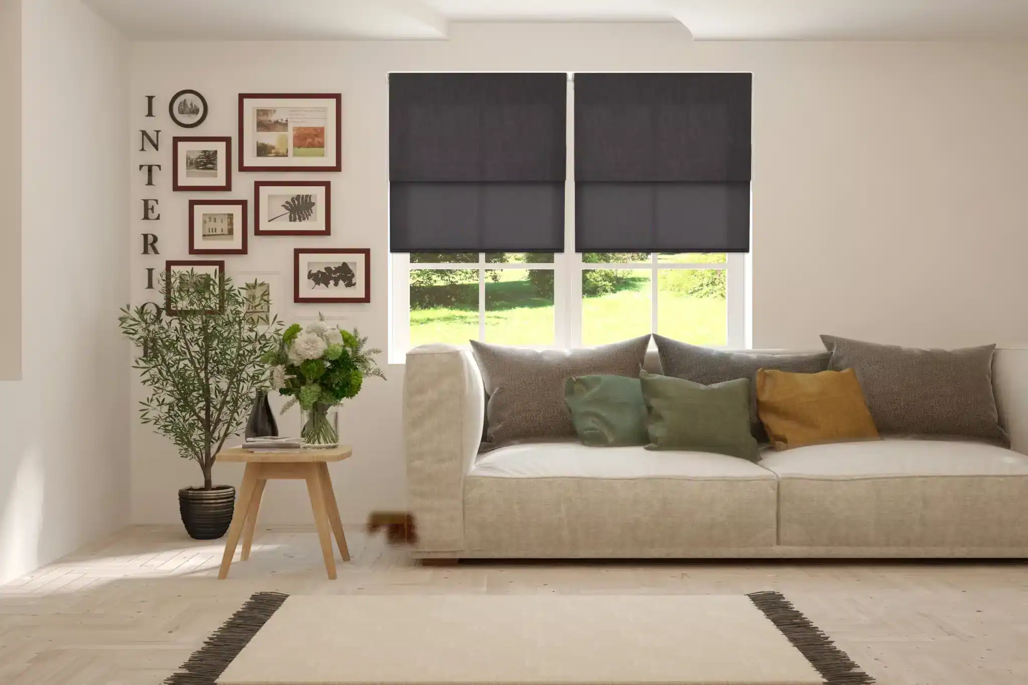 double roller blind block out and sheer graphite scaled