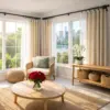 Bright living room with large windows, beige curtains, and cozy furniture.