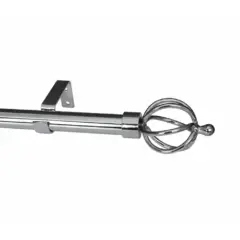 Chrome curtain pole set with basket finials for elegant window decor.