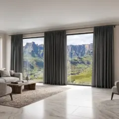 A 28mm single curtain pole in a gun metal finish, featuring a modern designer ring finial, shown in a contemporary interior setting.
