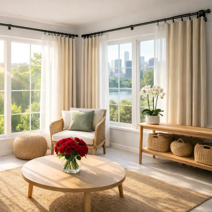 Bright living room with large windows, beige curtains, and cozy furniture.