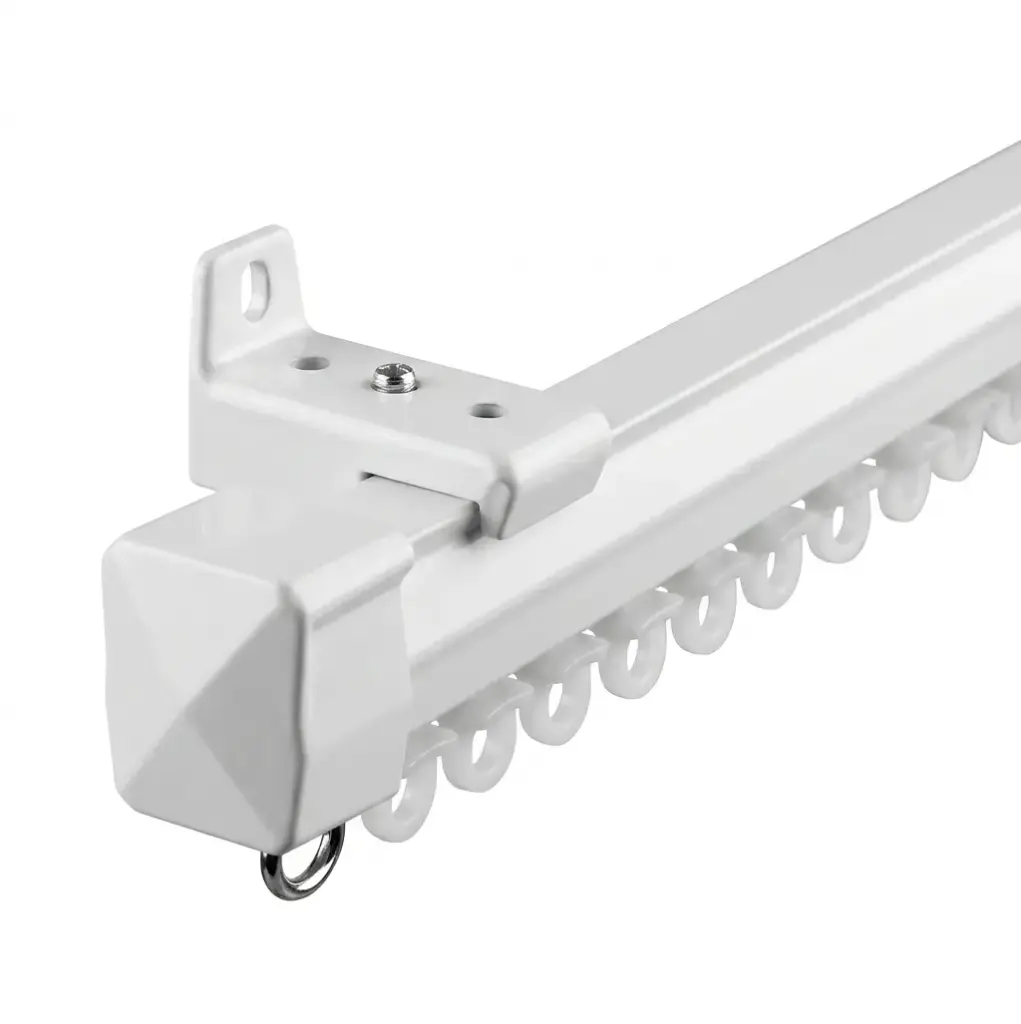 White aluminium curtain track with racer gliders for smooth curtain movement.
