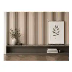 Oak black wall panel with decorative shelf and framed botanical art.