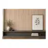 Modern oak wall panel with decorative decor and framed botanical art.