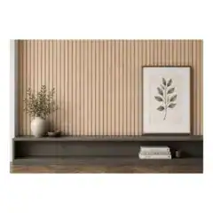 Modern oak wall panel with decorative decor and framed botanical art.