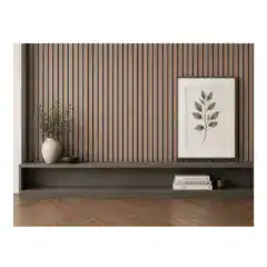 Walnut black wall panel with decorative shelf and framed botanical art.