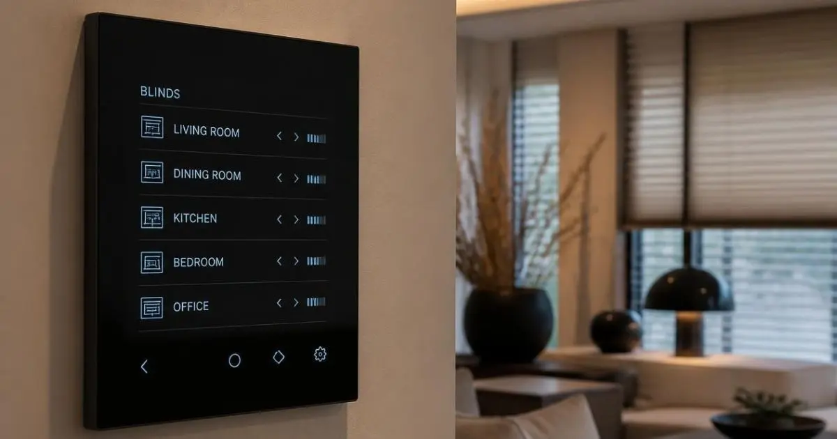 How Motorised Blinds Improve Comfort, Security, and Energy Efficiency 4 motorised blinds control on wall with blinds in background